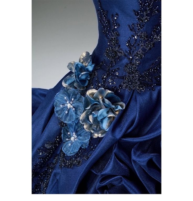 Dark Blue Ball Gown Strapless Beaded Pleated Satin Organza Prom Dress Quinceanera Dress DP5065