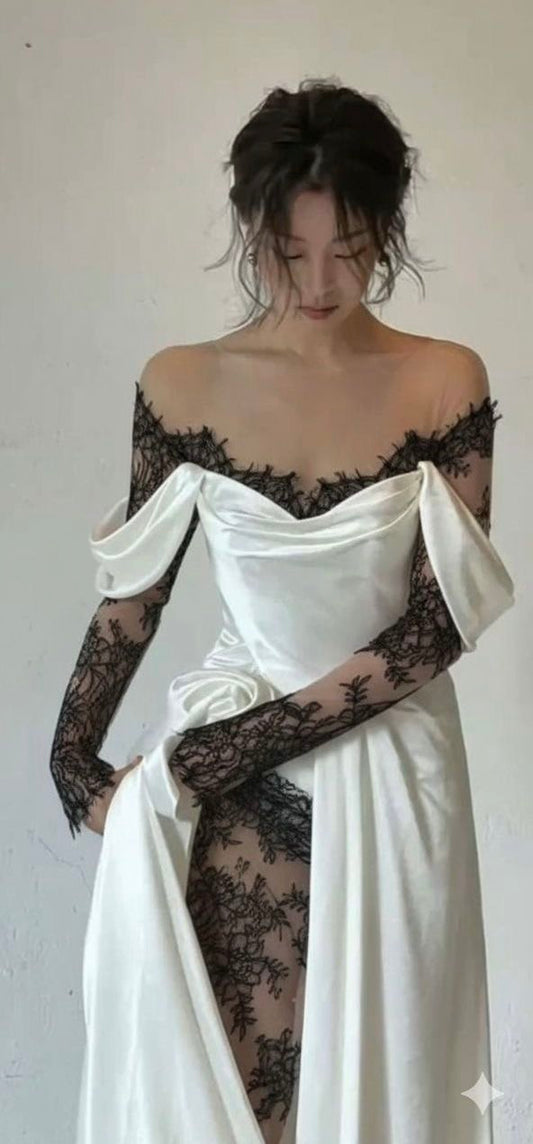 Classic A Line Off the Shoulder Black Lace White Satin Wedding Dress DP4355