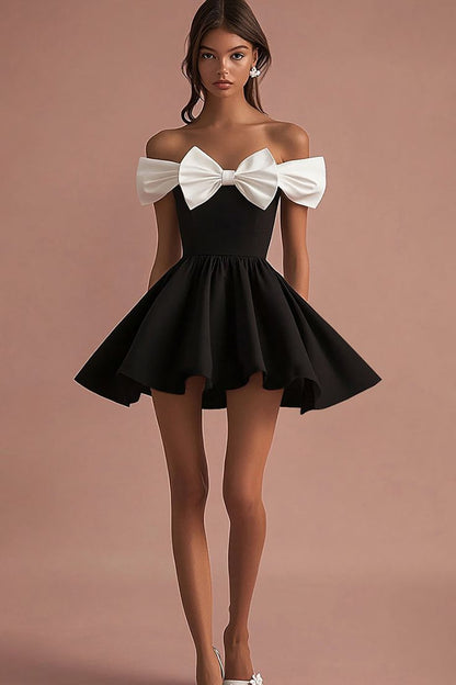 Cute White Bow A Line Off the Shoulder Black Satin Short Homecoming Dress Cocktail Dress DP3065