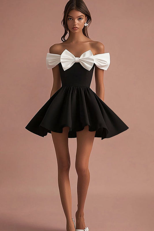 Cute White Bow A Line Off the Shoulder Black Satin Short Homecoming Dress Cocktail Dress DP3065