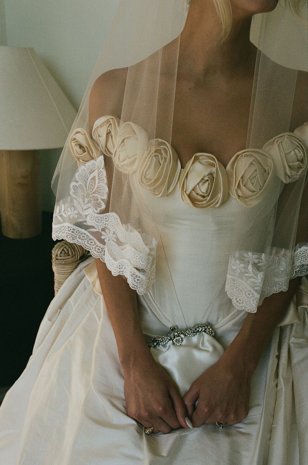 Vintage Ivory Rose A Line Off the Shoulder Satin Long Wedding Dress DP5213