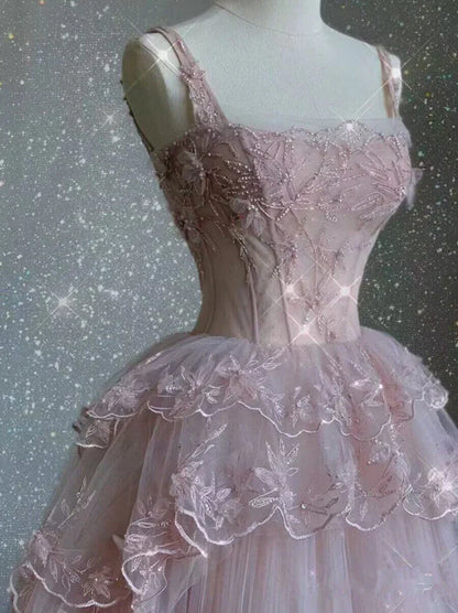 Pink Tulle Lace A Line Evening Dress Long Prom Dress DP672