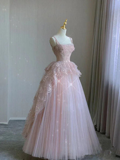 Pink Tulle Lace A Line Evening Dress Long Prom Dress DP672