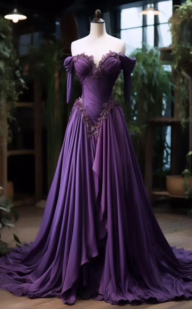 Elegant A Line Off the Shoulder Appliques Purple Chiffon Prom Dress Evening Dress DP2005