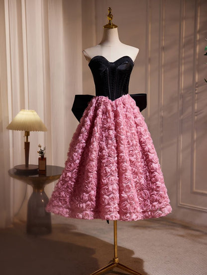 A Line Sweetheart Midi Long Bow-knot Flower Satin Prom Dresses DP818