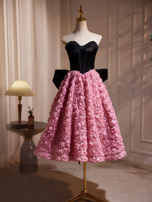 A Line Sweetheart Midi Long Bow-knot Flower Satin Prom Dresses DP818