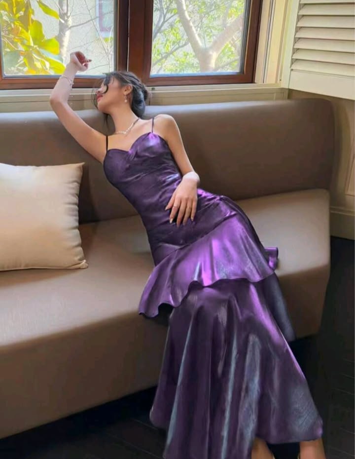 Purple Mermaid Spaghetti Straps Satin Long Prom Dress Evening Dress DP6894
