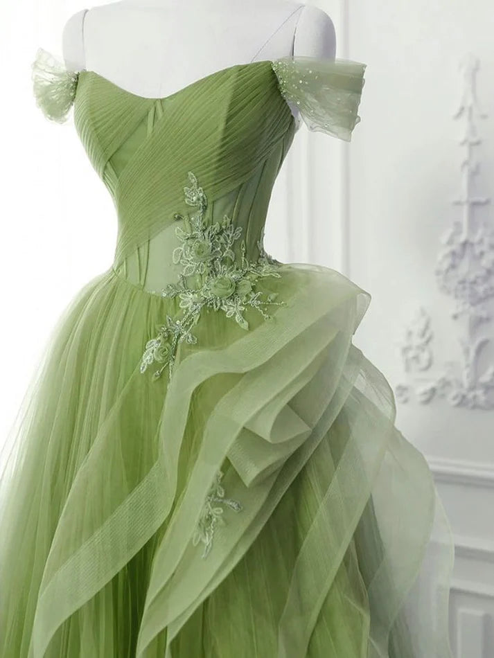 Green A Line Off-the-shoulder Applique Tulle Long Prom Dress DP838