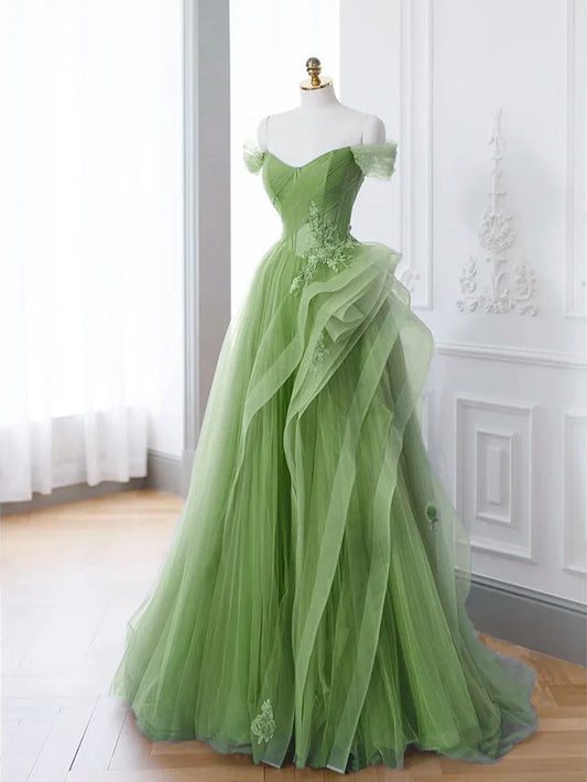 Green A Line Off-the-shoulder Applique Tulle Long Prom Dress DP838