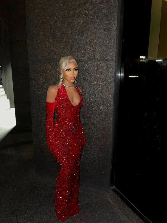 Red Mermaid Sequins Red Floor Length Black Girl Prom Dress Evening Dress DP730