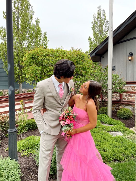Hot Pink A Line Spaghetti Strap Tiered Tulle Prom Dress Evening Dress DP1668