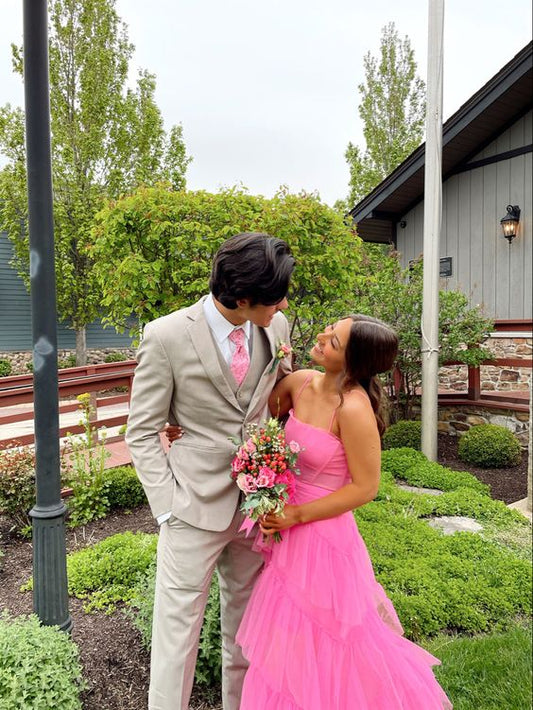 Hot Pink A Line Spaghetti Strap Tiered Tulle Prom Dress Evening Dress DP1668