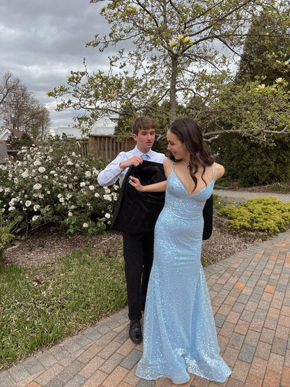 Stunning Blue Mermaid Spaghetti Straps Sequin Prom Dress Formal Dress Party Dress DP3507