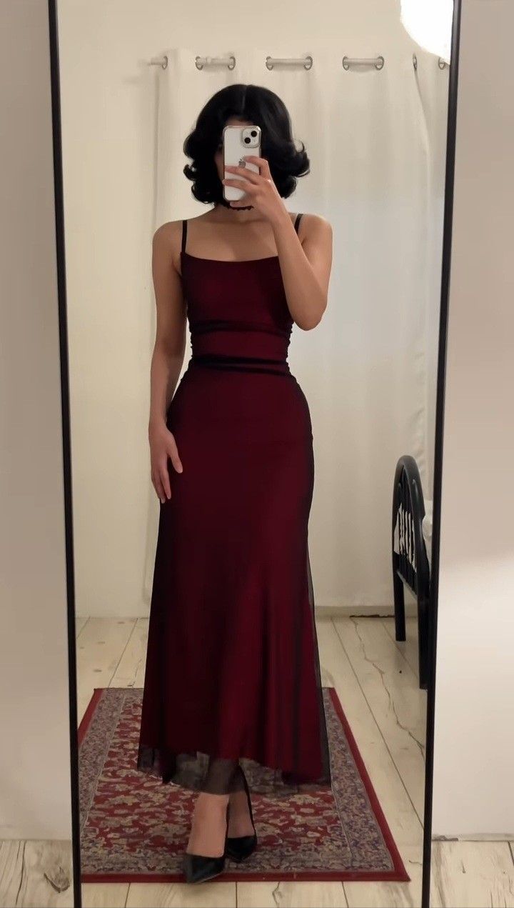 Sexy Mermaid Spaghetti Strap Black Chiffon Red Satin Prom Dress Party Dress DP3851