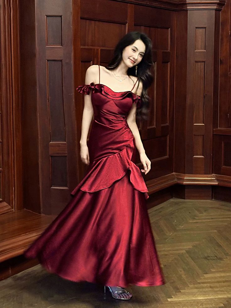 Pretty Mermaid Off The Shoulder Burgundy Satin Long Prom Dresses Evening Gowns DP4206