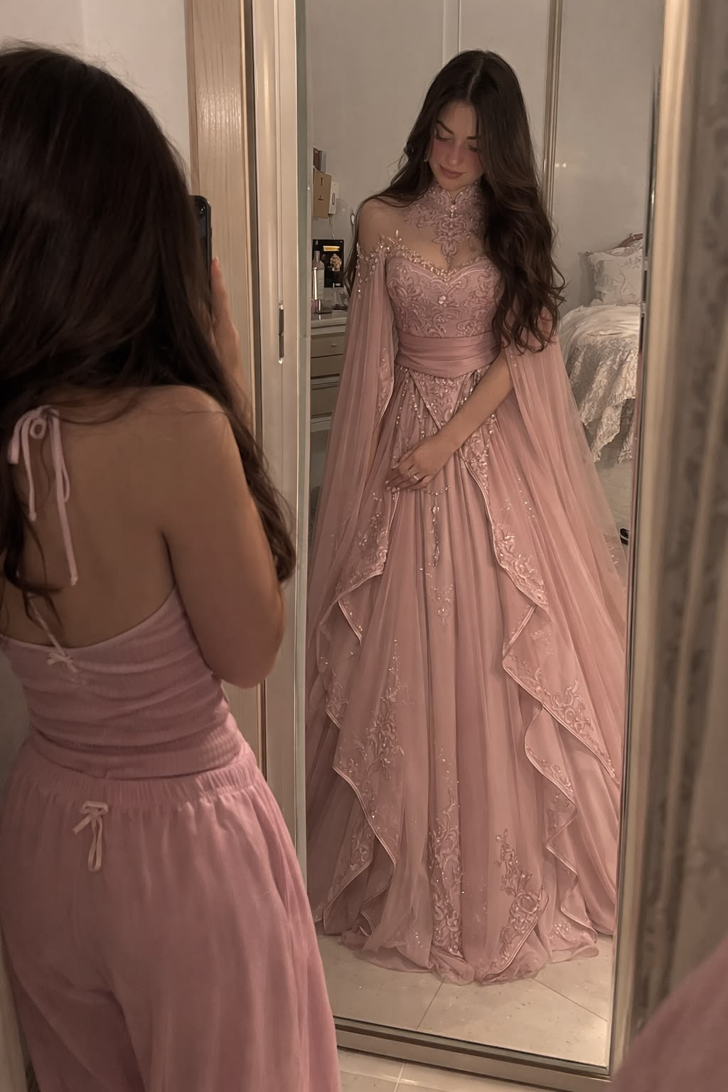 Dreamy Pink A Line Shiny Beaded Ruffle Tulle Long Prom Dress Evening Dress DP5761