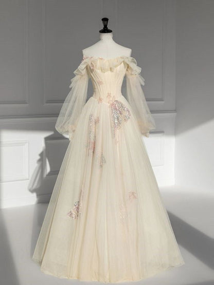 Champagne A Line Long Sleeves Appliques Tulle Long Prom Dress Evening Dress DP1351