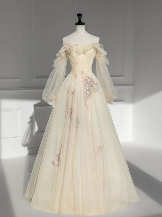 Champagne A Line Long Sleeves Appliques Tulle Long Prom Dress Evening Dress DP1351