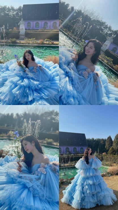 Princess A Line Off the Shoulder Appliques Blue Tulle Party Dress Birthday Dress DP2350