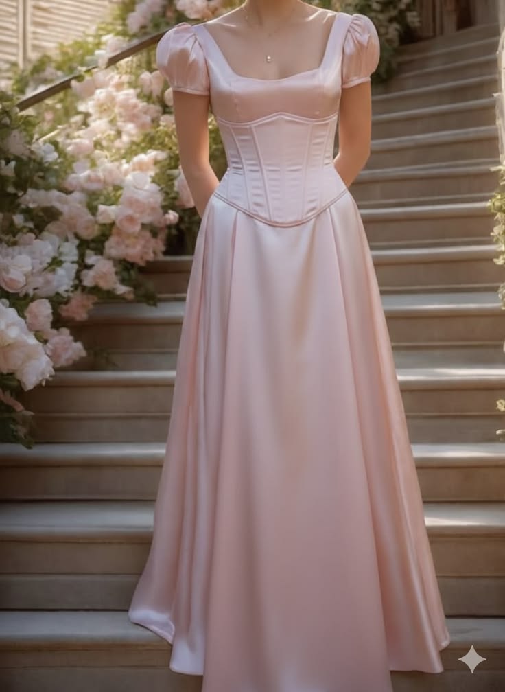 Princess Pink A Line Puff Sleeve Satin Prom Dress Evening Dress DP6719