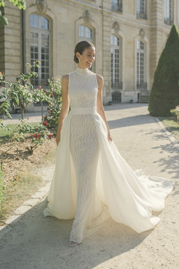 Stunning Sheath High Neck White Lace Long Prom Dress Wedding Dresses DP3663