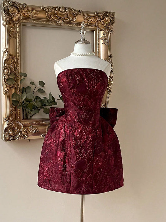 Burgundy Print A Line Strapless Bow Satin Short Homecoming Dress DP5676