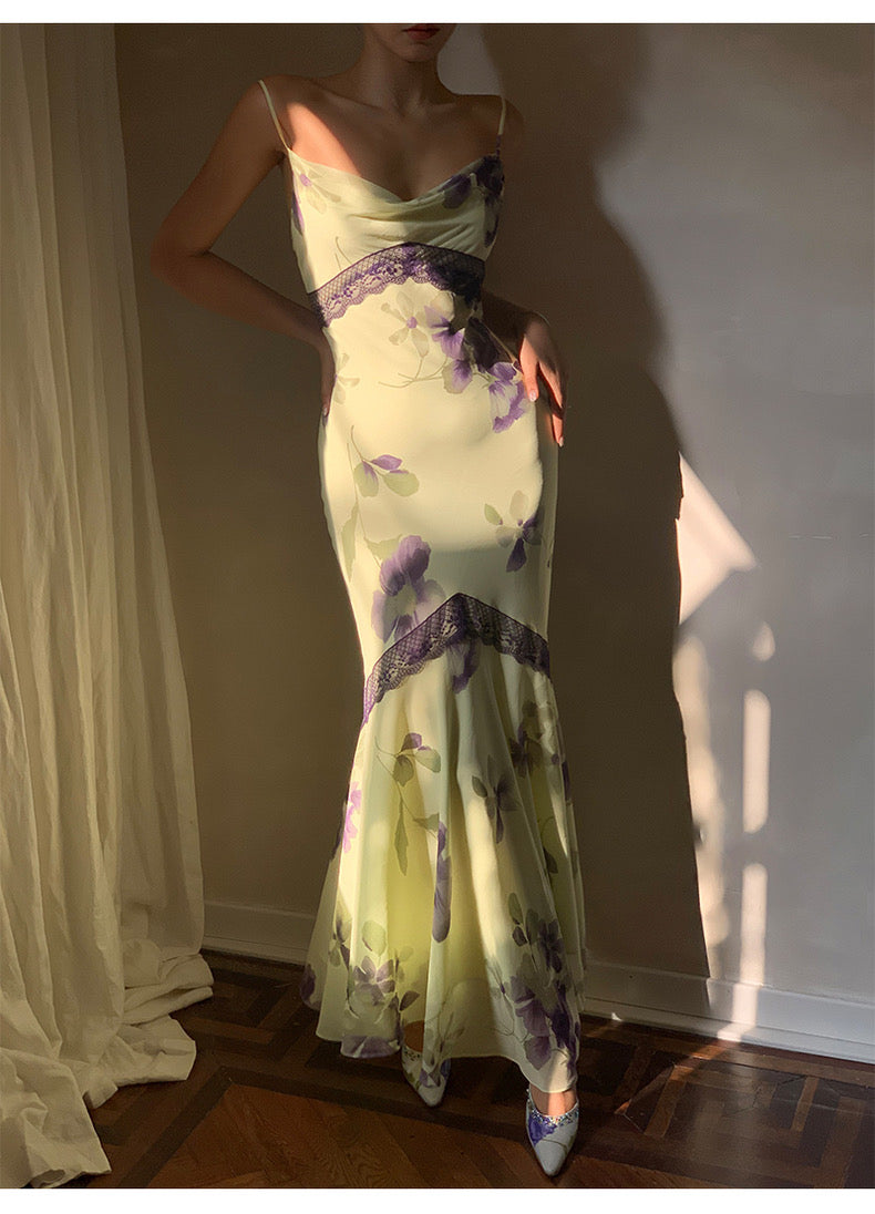 Green Mermaid Spaghetti Purple Print Floral Chiffon Prom Dress Party Dress Outfits DP3530