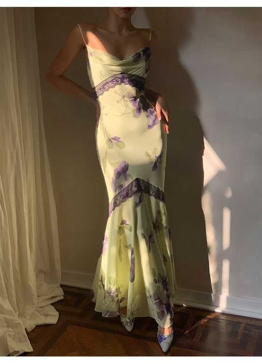 Green Mermaid Spaghetti Purple Print Floral Chiffon Prom Dress Party Dress Outfits DP3530