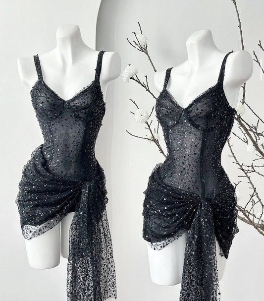 Fashion Sheath Straps Black Sequin Mini Homecoming Dress DP2756