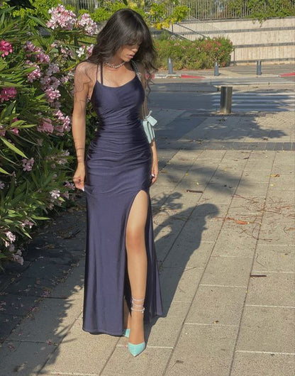 Sexy Mermaid Halter Sleeveless Navy Blue Long Prom Dresses DP5744