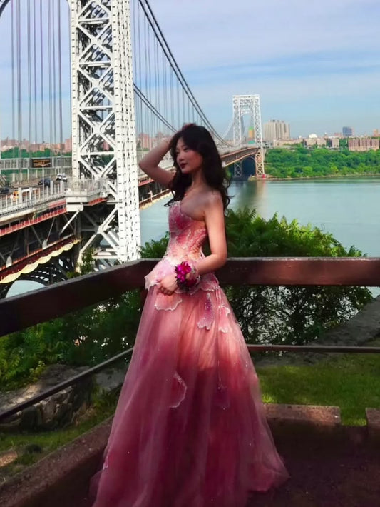 Shiny Pink A Line Strapless Sequin Beaded Tulle Prom Dress Evening Dress DP7534