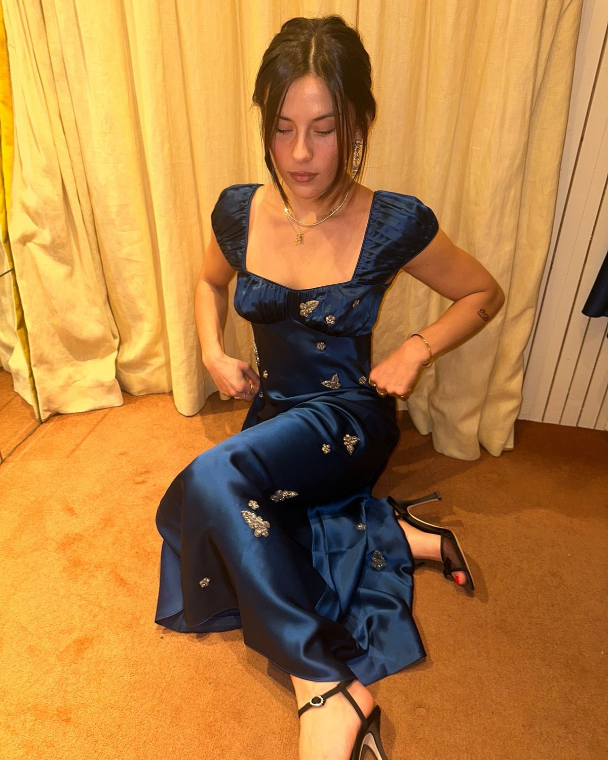 Navy Blue A Line Straps Exquisite Beaded Satin Prom Dress Evening Dress Outfits DP7187