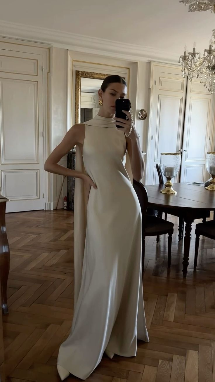 Elegant A Line Round Neck Ivory Satin Long Prom Dress Party Dresses Formal Gown DP3662