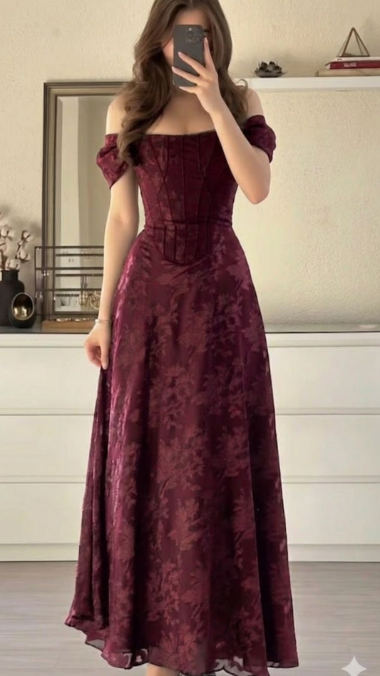 Beautiful A Line Off the Shoulder Corset Burgundy Lace Long Prom Dress Evening Dress DP6680