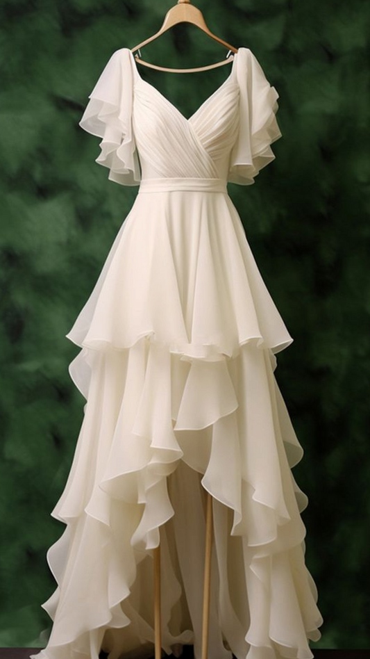 White Chiffon High Low Short Sleeves Party Dress Wedding Dress DP3201