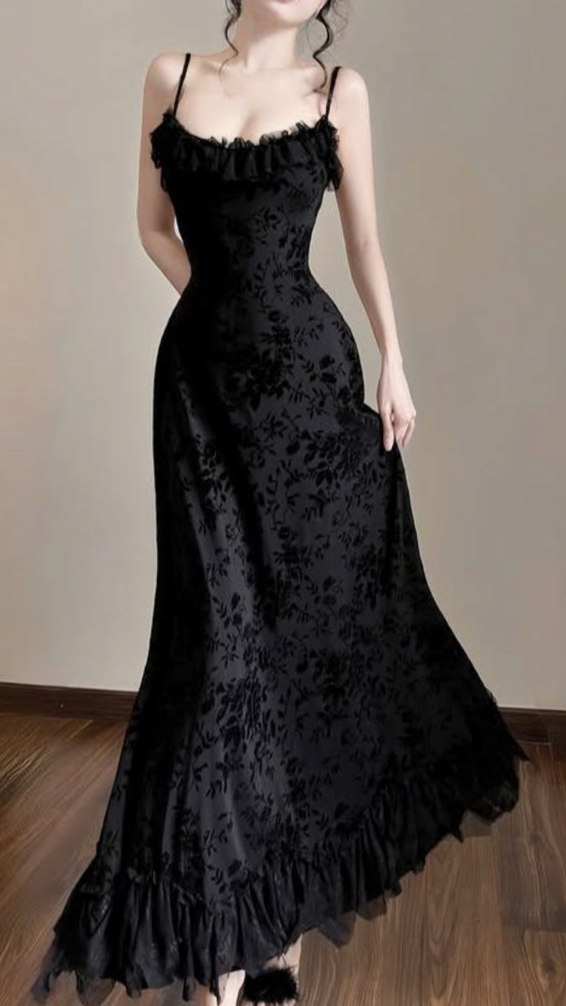 Pretty A Line Spaghetti Strap Black Print Satin Long Prom Dress Evening Dress DP6891
