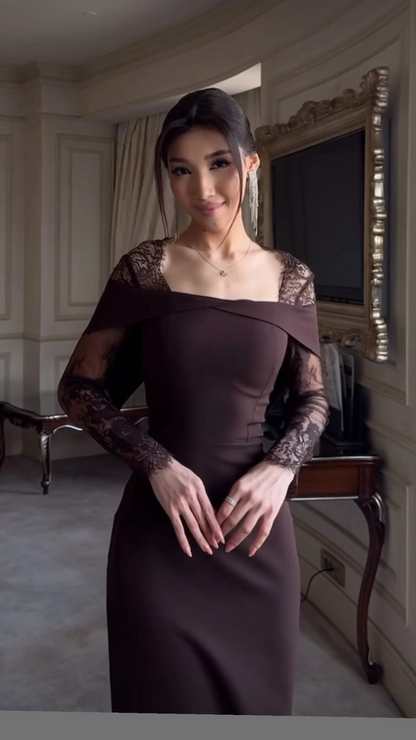 Elegant Brown Sheath Long Sleeve Lace Satin Prom Dress Date Dress DP5102