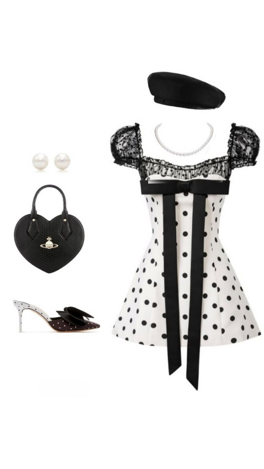 Cute A Line Puff Black Lace Polka Dot Satin Short Homecoming Dress Outfits DP4024