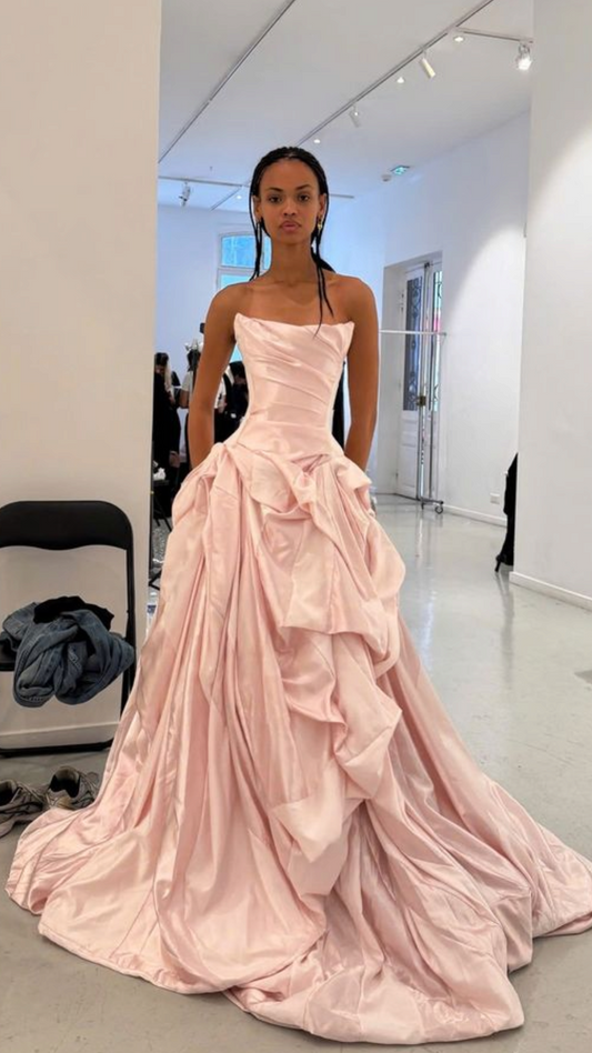 Charming A Line Strapless Pleated Light Pink Satin Prom Dress DP4940