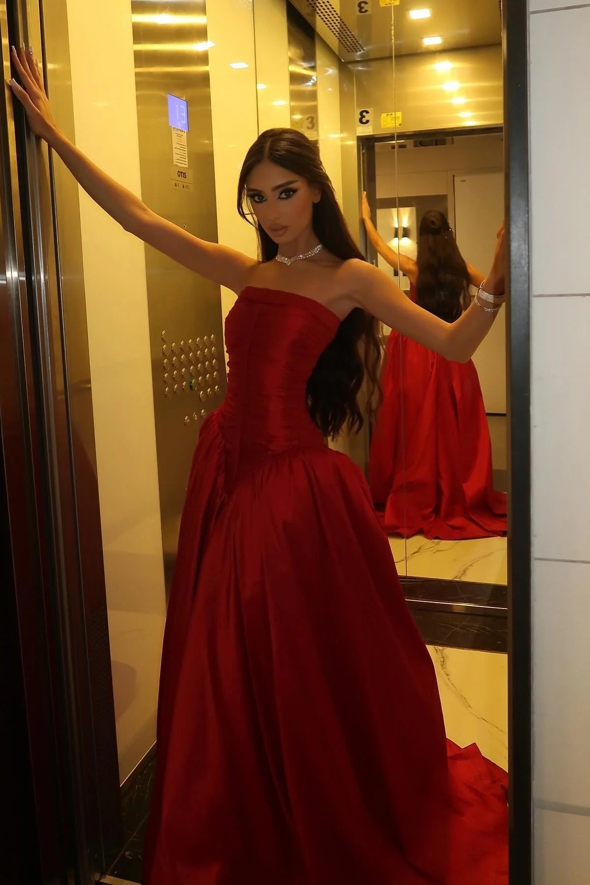 Princess A Line Strapless Red Long Party Dress Prom Dress with Ruffles DP7734