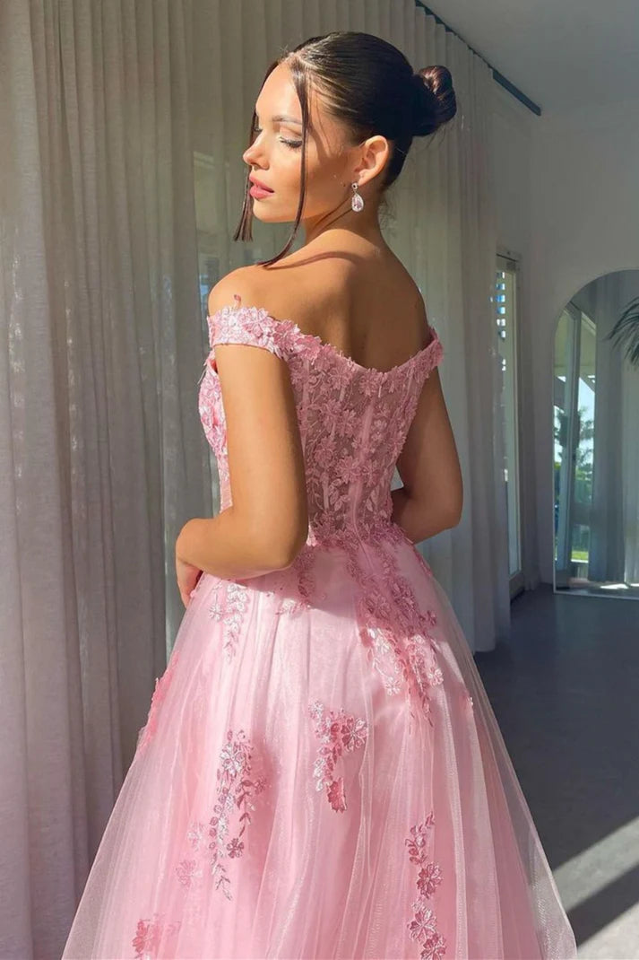 Charming A Line Off The Shoulder Tulle Long Prom Dress With Appliques DP776