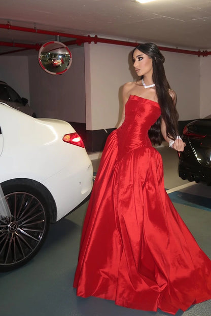 Princess A Line Strapless Red Long Party Dress Prom Dress with Ruffles DP7734