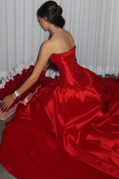 Princess A Line Strapless Red Long Party Dress Prom Dress with Ruffles DP7734
