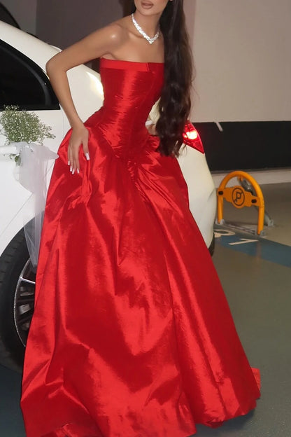 Princess A Line Strapless Red Long Party Dress Prom Dress with Ruffles DP7734