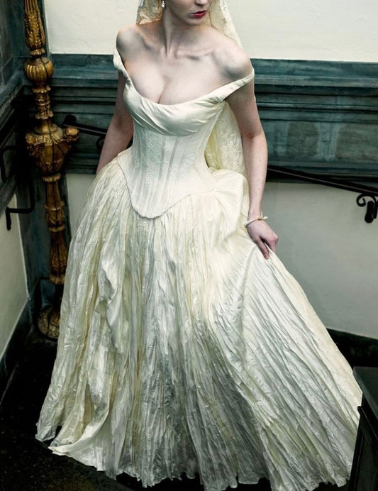 Vintage Ball Gown Off the Shoulder Corset Lace Ivory Satin Wedding Dress DP4663