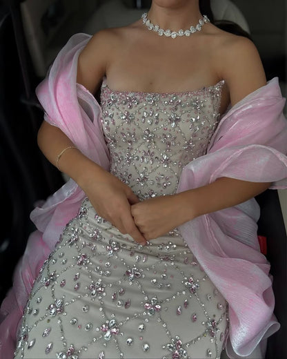 Pretty Pink Sheath Strapless Exquisite Rhinestone Tulle Long Prom Dress Evening Dress DP6687