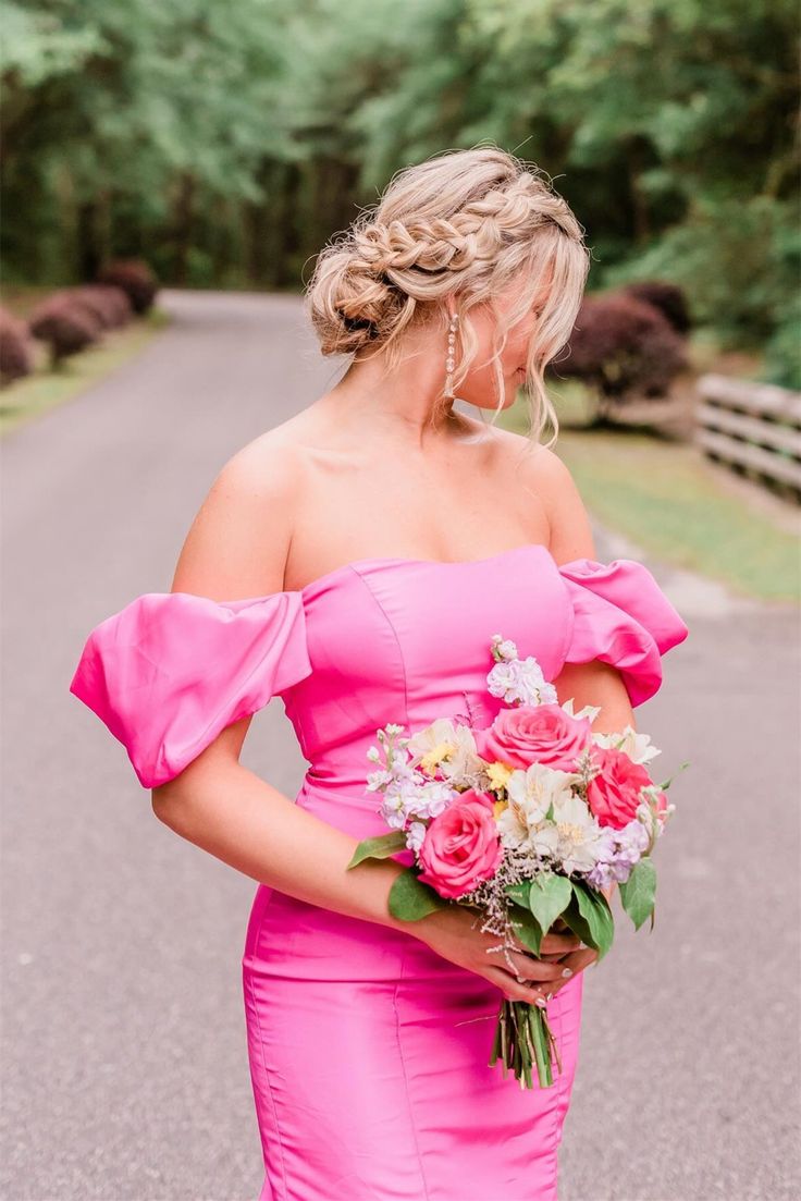 Elegant Mermaid Off-the-shoulder Hot Pink Satin Prom Dresses DP1177