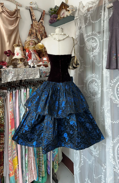 Vintage A Line Blue Print Floral Velvet Tea Length Prom Dress Evening Dress DP5418