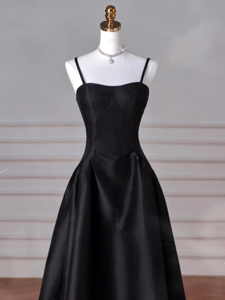 Simple Black Spaghett Straps Satin Long Prom Dress Evening Gown DP019