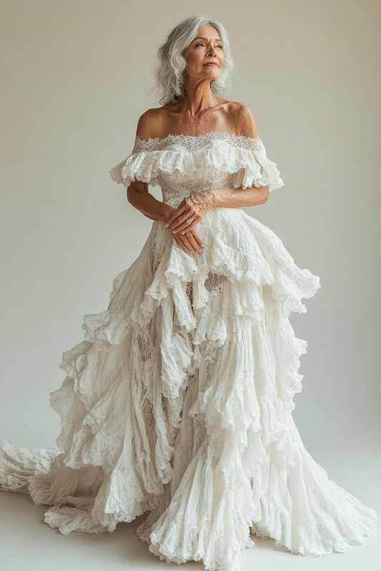 Stunning Ball Gown Off the Shoulder White Lace Wedding Dress Prom Dress DP3701
